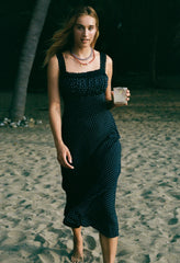 Fiore Navy Pin Dot Silky Midi Dress