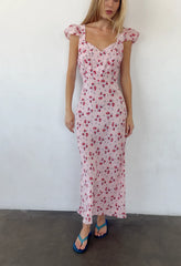 Aurora Geranium Print Silk Midi Dress