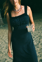 Fiore Navy Pin Dot Silky Midi Dress