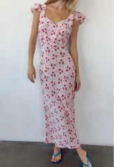 Aurora Geranium Print Silk Midi Dress